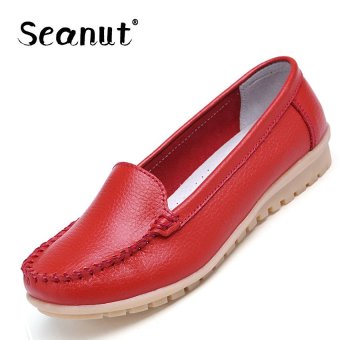 Seanut Women Leather Shoes Slip-on Moccasin Mom Anti-skid Loafers (Red) - intl  