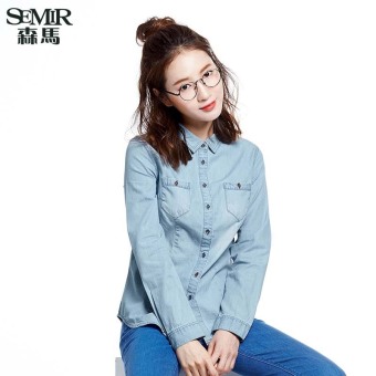 Semir Autumn New Womenn Korean Casual Plain Cotton Shirt Collar Long Sleeve Blouses & Shirts(Light Blue) - intl  