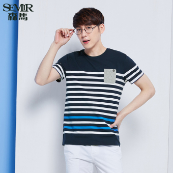 Semir Summer New Men Korean Casual Stripe Cotton Crew Neck Short Sleeve T-Shirts (Lake Blue) - intl  