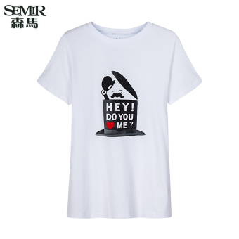 Semir Summer New Women Korean Casual Letter Cotton Crew Neck Short Sleeve T-Shirts (White)  