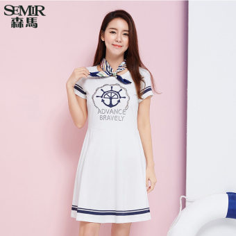 Semir Summer New Women Korean Casual Letter Cotton Crew Neck Short Sleeve Shift Dresses (White)  