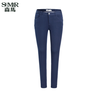 Semir Summer New Women Korean Casual Plain Zip Full Length Straight Cotton Chinos Pants (Dark Blue)  