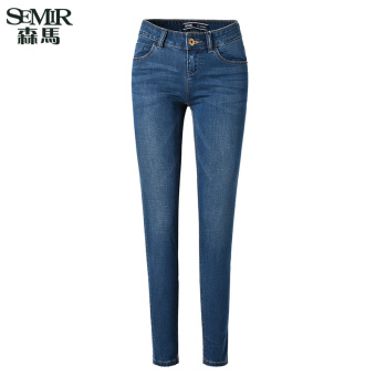Semir Summer New Women Korean Casual Plain Zip Full Length Straight Cotton Jeans (Dark Blue)  
