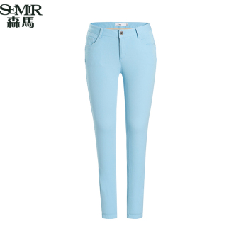 Semir Summer New Women Korean Casual Plain Zip Full Length Straight Cotton Chinos Pants (Lake Blue)  