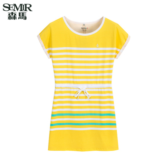 Semir Summer New Women Korean Casual Stripe Cotton Crew Neck Short Sleeve Shift Dresses (Yellow) - intl  