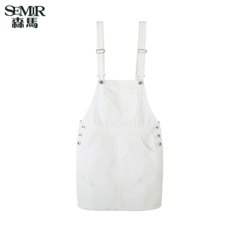 Semir summer new women simple solid color cotton straight strap dress(White)  