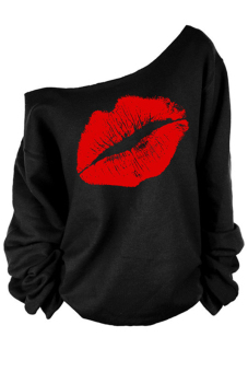 Sexy Lips Printing Off Shoulder Raw Edge Pullovers Sweatshirt (Red)  