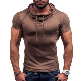 Sexy Men Slim fit short sleeve Shirt With hooded Solid Color Pile collar Tops ?light tan? -intl - intl  