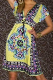 Sexy Women Bohemia Floral Printing Dress Strapless Deep V-neck Clubwear Beachwear Mini Dresses Yellow N155  