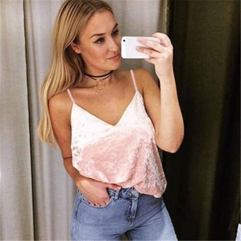 Sexy Women Cami Top Velvet Spaghetti Strap Plunging V-Neck Solid Sleeveless Casual Vest Pink/Coffee - intl  