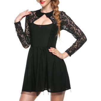 Sexy Women Floral Long Sleeve Lace Backless Evening Party Mini Dress (Black)  