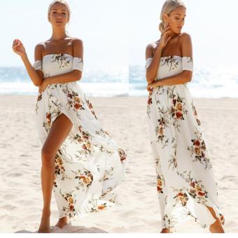 Sexy Women Floral Split Long Dress Off Shoulder Short Sleeve White - intl  