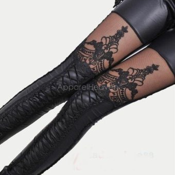 Sexy Women Ladies Faux Leather Gothic Punk Leggings Pants Lace Black Trousers (Color: Black)  - intl  