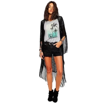 Sexy Women Long Sleeve Solid Lace Crochet Tassel Kimono Cardigan Blouse Tops  