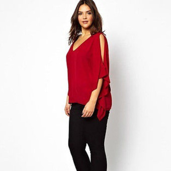 Sexy Women V Neck Plus Size Batwing Sleeve Blouse Chiffon T Shirt Tops (Red) - Intl  