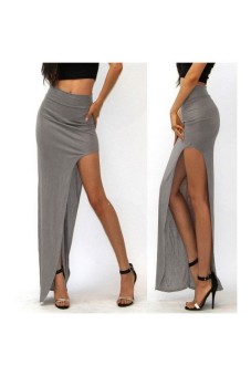 Side Split Bag Hip Long Party Skirt (Grey)  