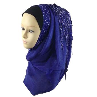 Silk Muslim Hijab Beautiful Lace Islamic Hijab Scarf Dark blue - intl  