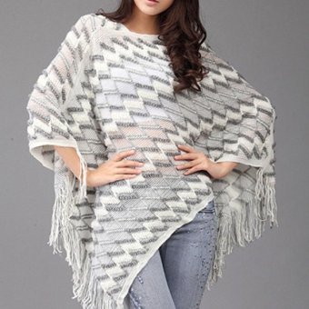 Simple Supreme Fashion Women Korean Style Batwing Sleeve Fringe Irregular Hem Loose Cloak Cover Up Tops Knitting(White) - intl  