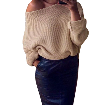 Simple Supreme New Fashion Women Batwing Sleeve Knitting One Shoulder Loose Pullover Casual Sweater(Khaki) - intl  