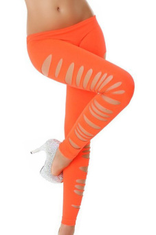 Skinny Pants Tight Stretchy Side Ripped Leggings (Orange)  