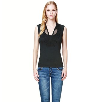 Sleeveless O-Neck Shirt Cotton Chiffon Women's Fashion Lace Hollow Out T-shirts Slim Casual Shirt Blouse Tops Black  