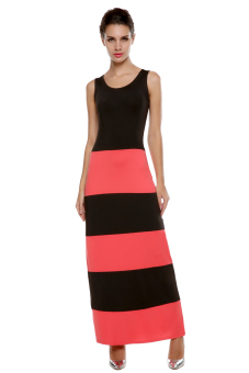 Sleeveless O-Neck Striped Maxi Dress (Pink)  