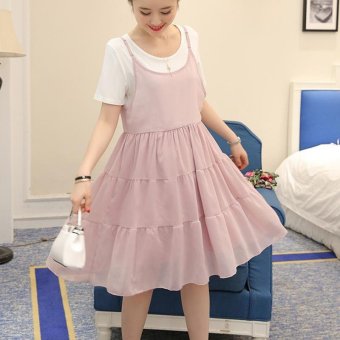 Small Wow Maternity Daily Round Stitching Contrast Color chiffon Above Knee Dress Pink - intl  