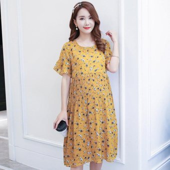 Small Wow Maternity Fashion Round Print chiffon Above Knee Dress Yellow - intl  