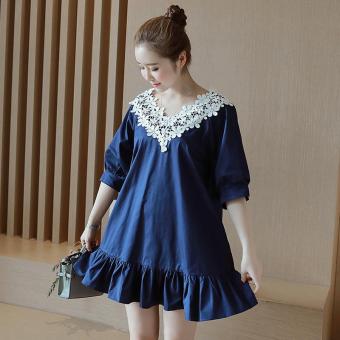 Small Wow Maternity Going Out V-neck Stitching Contrast Color Linen Above Knee Dress Blue - intl  