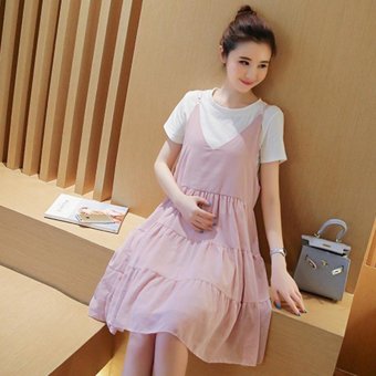 Small Wow Maternity Korean Round Solid Color chiffon Above Knee two-piece Dress Pink - intl  
