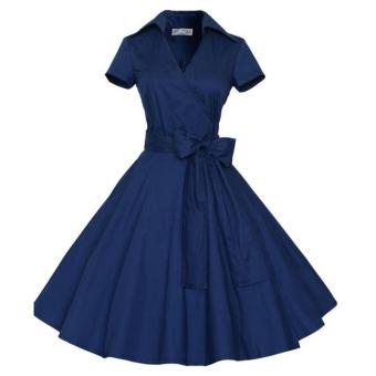 Small wow Women's Short Sleeve Retro Solid Color Slim Dress Skirt Blue - intl  