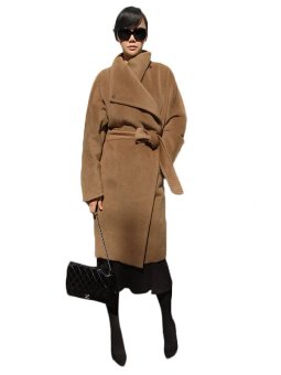 Solid Turn Down Collar Long Sleeve Womens Coat Brown  