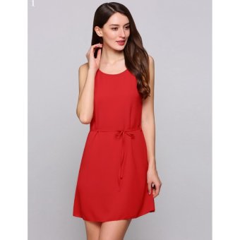 Spaghetti Strap Sleeveless A-Line Belted Short Going Out Dress Red - intl  