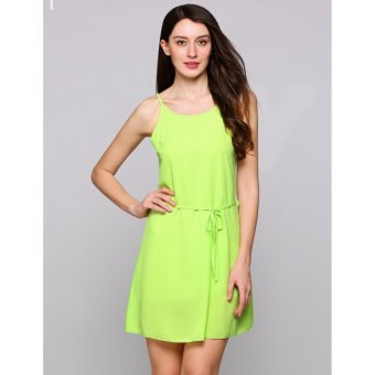 Spaghetti Strap Sleeveless A-Line Belted Short Going Out Dress Green - intl  