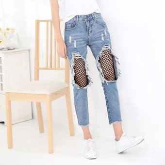 Spring and summer new Korean version of light-colored straight beggars big hole jeans women loose pants - intl  