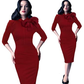 Spring Autumn 3/4 Sleeve Bow Party Work Sheath Bodycon Wiggle Pencil Dress Womens Elegant 1950s Vintage Pinup Retro Dress(Red) - intl  