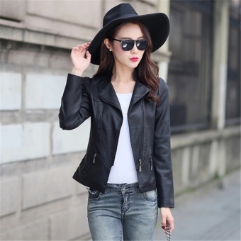 Spring Autumn Women leather Jacket Fale Casual locomotive leather Blazer Slim fit mandarin collar Coat-Black - intl  