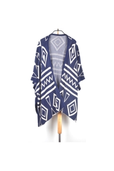 Spring Autumn Women's Girls Rhombus Pattern Batwing Sleeves Long Loose Knitted Cardigan Shawl Cape Sweater Coat - One Size Dark Blue  