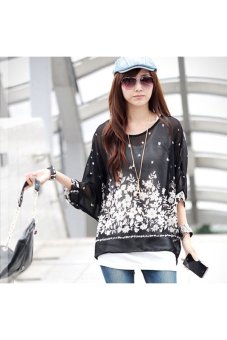 Spring Floral Print Round Neck Batwing Sleeve Women's Loose Chiffon T-shirt Blouse Tops - Free Size Black  