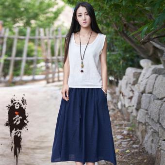 Spring Summer Chinese Style Fashion Women Clothing Tops T-Shirts Skirts Maxi Two-piece suit (White+Navy Blue) - intl  