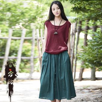 Spring Summer Chinese Style Fashion Women Clothing Tops T-Shirts Skirts Maxi Two-piece suit (Wine Red+Deep Green) - intl  