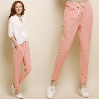 Spring Summer Women Linen Cropped Pants Female Harem Pant Elastic Waist Casual Trousers(Pink) - intl  