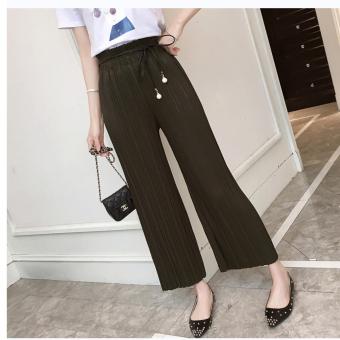 Spring women Korean version of the fashion nine points wide leg pants high waist students loose pleated casual pants green - intl  