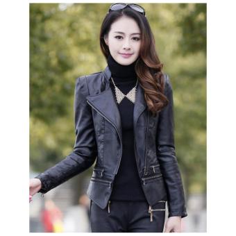 Spring Women's Fashion Lapel leather jacket female Korean Style Plus-size Slim Fit leather Coat Ladies PU locomotive leather Coat-Black - intl  