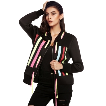 Stylish Ladies Cool Colorful Vertical Stripe Hoodie String Long Sleeve Zipper Coat Jacket Top  