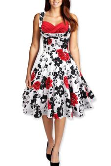 Stylish Lady Women Retro Hepburn Wrapped Chest Sleeveless Floral Printed Mid-calf Length Party Cocktail Evening Dress (Red Floral ) - intl  