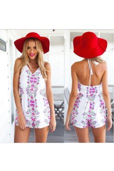 Stylish Lady Women's Casual Halter V-neck Backless Floral Jumpsuit Straps Short Rompers - Intl - intl  