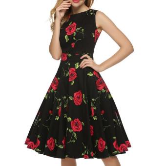 Stylish Lady Women's Casual Sleeveless Floral Printed Mid-calf Length Party Cocktail Evening Dress (Red Floral ) - intl  