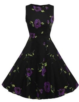 Stylish Lady Women's Casual Sleeveless Floral Printed Mid-calf Length Party Cocktail Evening Dress (purple Floral ) - intl  