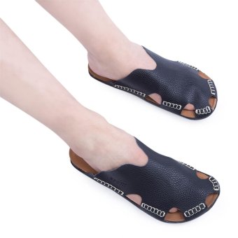 Stylish Male Closed Toe Solid Color Hollow Skid Resistance Leather Slippers(Black) - intl  